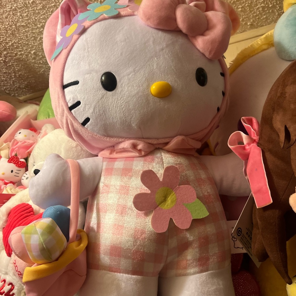 Hello Kitty Pink and White Stuffed Animal with Floral Accents